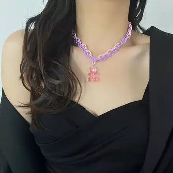 Новое розовое пластиковое акриловое двухслойное ожерелье с мишкой Gummy Bear, модное индивидуальное нишевое ожерелье с цепочкой на ключицу для женщин