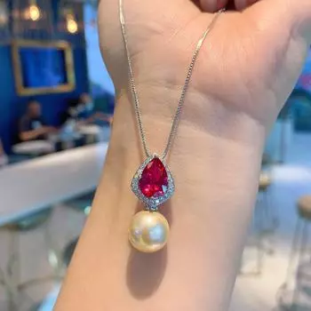 Новое серебряное ожерелье с подвеской в форме груши из красного корунда и светло-желтыми ракушечными жемчужинами, серьги-гвоздики, ювелирные изделия