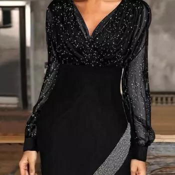 Новое сетчатое лоскутное сексуальное элегантное платье с V-образным вырезом и длинными рукавами для женщин S чёрный