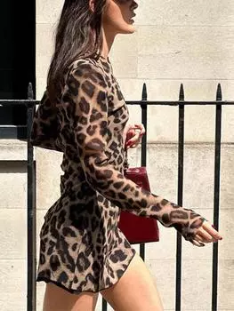 Новое сексуальное цельное платье с леопардовым принтом, женское повседневное простое винтажное тонкое платье с круглым вырезом, женская мода, дизайн, мини-платья High Street S коричневый