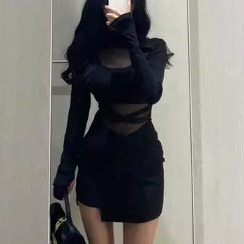 Новое сексуальное черное платье с длинными рукавами и рыбьими косточками, индивидуальное тонкое женское платье, тонкая марля, с запахом вокруг ягодиц F8Q3 S чёрный