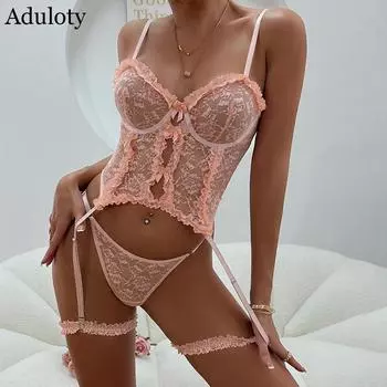 Новое сексуальное нижнее белье Aduloty, розовое кружевное плиссированное кружевное полое свежее и милое маленькое прозрачное платье на подтяжках