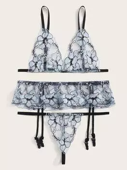 Новое, сексуальное нижнее белье, комплект бикини из трех частей с резными кружевными подвязками S