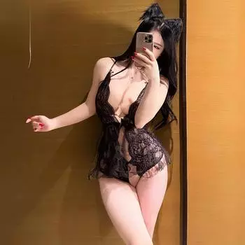 Новое сексуальное нижнее белье сетка кружево сексуальное боди без застежки глубокий V-вырез без спинки крест флирт average size (80-60kg)