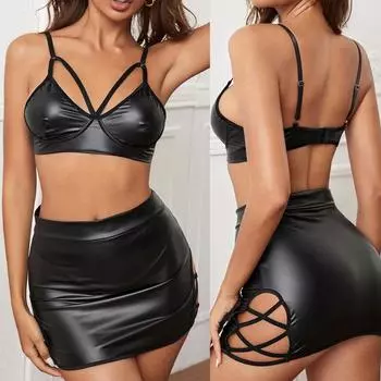 Новое сексуальное нижнее белье сексуальное женское лакированное кожаное полое бюстгальтер с подвязками бедра юбка комплект из двух частей S