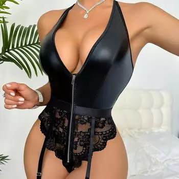 Новое сексуальное нижнее белье сексуальное женское лакированное кожаное кружевное декольте глубокий V комбинезон секс костюм S