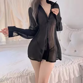 Новое сексуальное нижнее белье сексуальное протекание назад бойфренд рубашка перспектива искушение пижама шифон рубашка женский дом One size