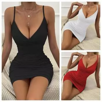 Новое сексуальное плиссированное платье-слинг с V-образным вырезом, короткое клубное элегантное облегающее платье Y2K, вечернее облегающее мини-платье XS белый