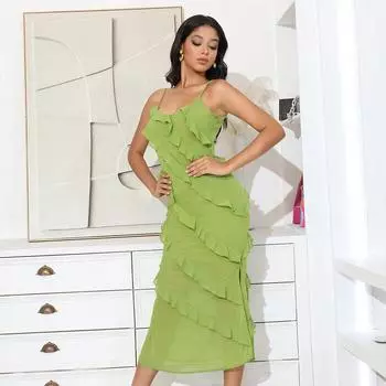Новое сексуальное темпераментное платье европейских и американских женщин, полупрозрачное платье без рукавов с открытой спиной и лямками XS зелёный