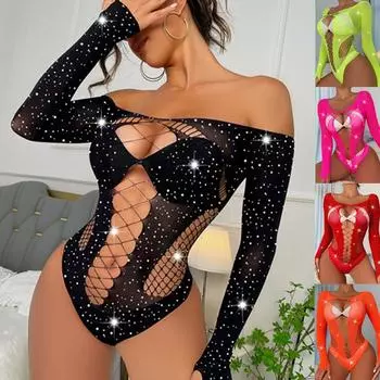 Новое сексуальное женское белье, сетчатое кружевное боди, нижнее белье с вырезами, горячее блестящее сетчатое нижнее белье с бриллиантами, нижнее белье one size