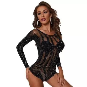 Новое сексуальное женское боди-сетка со стразами и глубоким вырезом, прозрачное облегающее белье с кристаллами и бриллиантами One Size