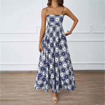 Новое сексуальное женское платье на бретелях без рукавов с принтом на подтяжках и большим подолом S темно-синий