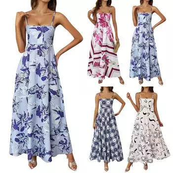 Новое сексуальное женское платье на бретелях без рукавов с принтом на подтяжках и большим подолом S