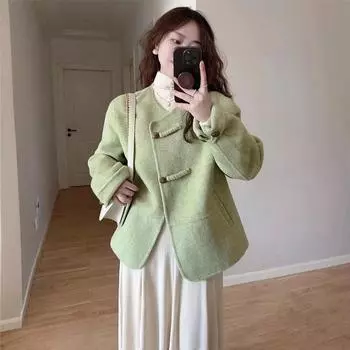 Новое шерстяное пальто свободного кроя с круглым вырезом в стиле ретро для женщин на осень и зиму S зелёный