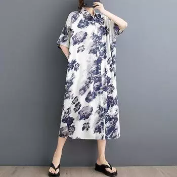 Новое шифоновое платье больших размеров с коротким рукавом и цветочным принтом для женщин, повседневное свободное длинное летнее платье-рубашка
