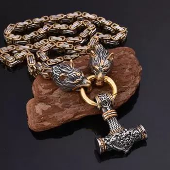 Новое скандинавское мужское ожерелье из нержавеющей стали 316L с императорской цепью и доминирующей волчьей головой, ожерелье с подвеской в виде громового молота викингов Golden