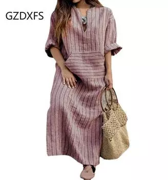 Новое свободное длинное платье в полоску из хлопка и льна, окрашенное в пряжу S серый