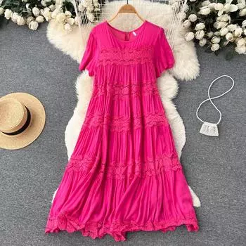 Новое свободное и тонкое женское платье в Корейском стиле с кружевной строчкой в этническом стиле