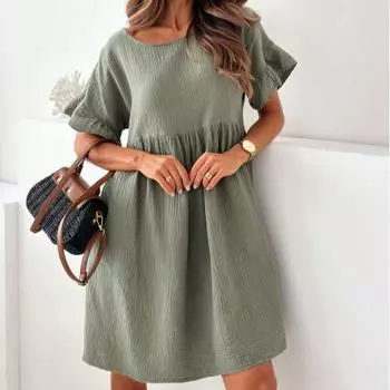 Новое свободное плиссированное однотонное платье с круглым вырезом и короткими рукавами S абрикосовый