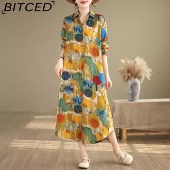 Новое свободное тонкое удлиненное платье-рубашка в стиле ретро с длинными рукавами и цветочными лацканами L разноцветный