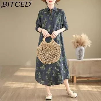 Новое свободное тонкое удлиненное платье-рубашка с длинными рукавами и цветочными лацканами в стиле ретро в литературной атмосфере L темно-синий