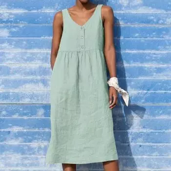 Новое свободное женское платье-жилет из хлопка и льна в стиле ретро с V-образным вырезом и без рукавов XL