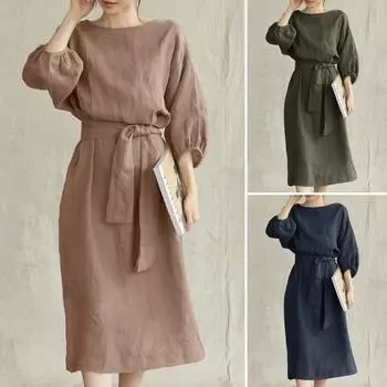 Новое темпераментное платье миди с высокой талией и завязками, однотонное платье с круглым вырезом для женщин, вечерние платья S темно-синий