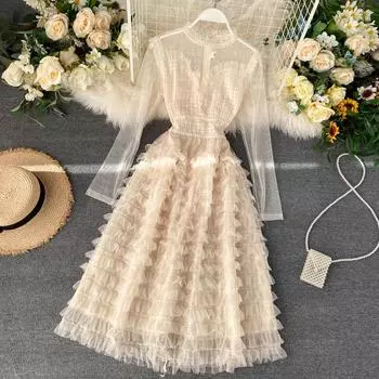 Новое темпераментное вечернее платье-туника с кисточками, женское модное милое прозрачное платье с рукавами-тортом L чёрный