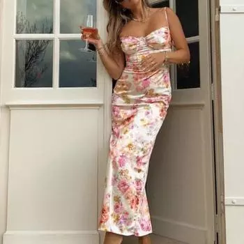 Новое тонкое платье на подтяжках с цветочным принтом и разрезом без рукавов, пляжное платье на тонких бретельках, женская одежда, мини-платье, лето S