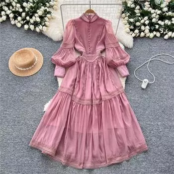 Новое тяжелое кружевное вышитое ажурное вечернее длинное платье для женщин с высокой талией и рукавами-фонариками для праздника M чёрный