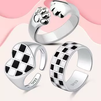Новое трендовое крутое черное белое кольцо в сетку для женщин, оригинальные серебряные кольца 925 пробы, брендовые ювелирные изделия, подарок