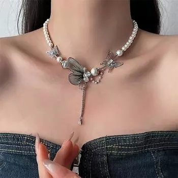 Новое трендовое женское ожерелье-бабочка 2024 года — стиль чокера, легкое и изысканное украшение на цепочке с замком-узлом — 1 шт. белый