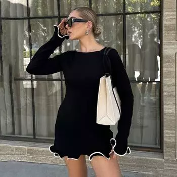 Новое трикотажное мини-платье для женщин Fungus Contrast Color Slim Sweeper Dress Elegant Female Dress Long Sleeve Dress S белый