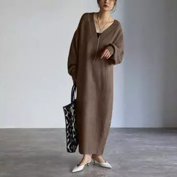 Новое трикотажное платье большого размера с V-образным вырезом, разрезными краями, верхней частью с длинными рукавами и длинной юбкой внутри. one size fits all темно-коричневого