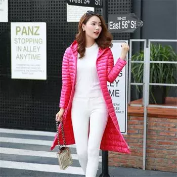 Новое удлиненное легкое пуховое пальто, женское облегающее большое пальто с капюшоном M