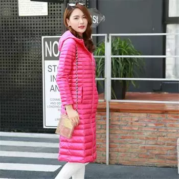 Новое удлиненное легкое пуховое пальто, женское облегающее большое пальто с капюшоном M