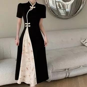 Новое улучшенное платье Cheongsam с пряжкой в китайском стиле с короткими рукавами, летняя тонкая талия в стиле ретро и длинная юбка M чёрный