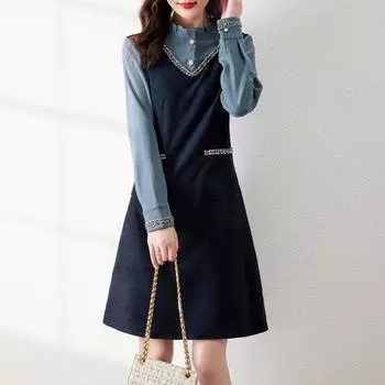 Новое универсальное облегающее и элегантное контрастное зимнее платье для женщин средней длины для поездок на работу S
