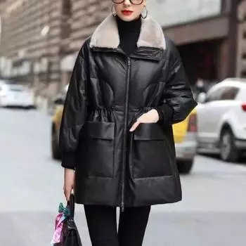 Новое утепленное и пуховое женское кожаное пальто, осенне-зимнее женское пальто средней длины с отворотами и утягивающее пальто M