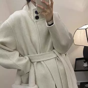 Новое утолщенное простое шерстяное пальто, серия с длинными волосами, высокий воротник, двухстороннее шерстяное пальто в корейском стиле, универсальное для женщин S