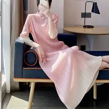 Новое утягивающее плиссированное платье с принтом на весну и лето, длинная юбка. One Size синий