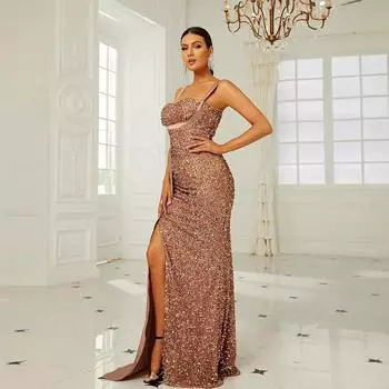 Новое вечернее платье с бретельками через шею, золотистые пайетки, вечернее платье с разрезом, банкетное вечернее платье S золотой