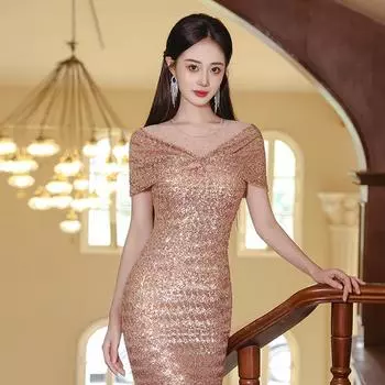 Новое вечернее платье с золотым рыбьим хвостом для женщин, изысканные пайетки, тяжелая промышленность, темперамент, элегантный банкет, ведущий, помолвка S розового золота