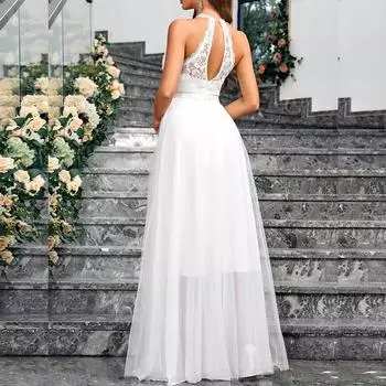 Новое весенне-летнее однотонное кружевное сетчатое без рукавов элегантное облегающее банкетное женское вечернее платье S белый