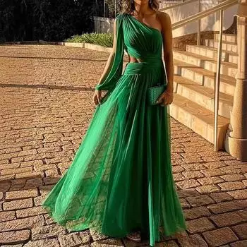 Новое весенне-летнее однотонное платье на одно плечо с талией, элегантное, тонкое, длинное 1XL зелёный