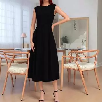 Новое весенне-летнее однотонное женское платье без рукавов с застежкой на талии, элегантное и универсальное длинное платье S чёрный