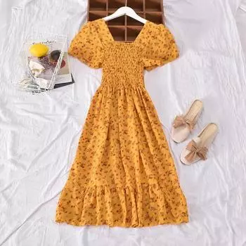 Новое весенне-летнее платье женское мини-платье женское с коротким рукавом эластичный бюст с принтом цветочный плиссированное без спинки повседневное платье M жёлтый