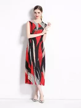 Новое весенне-летнее плиссированное платье с длинной юбкой с принтом, высококачественный и утягивающий эффект, юбка-жилет без рукавов с круглым вырезом One Size чёрный