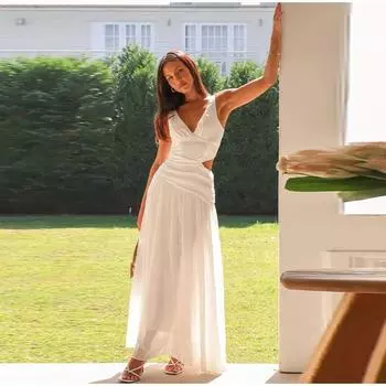 Новое весенне-летнее повседневное плиссированное длинное платье без рукавов, модные женские платья с V-образным вырезом, простое однотонное женское платье с открытой спиной S красный