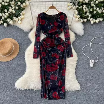 Новое весенне-летнее сексуальное сетчатое платье с длинными рукавами, женское элегантное облегающее платье миди с v-образным вырезом и цветочным принтом One Size